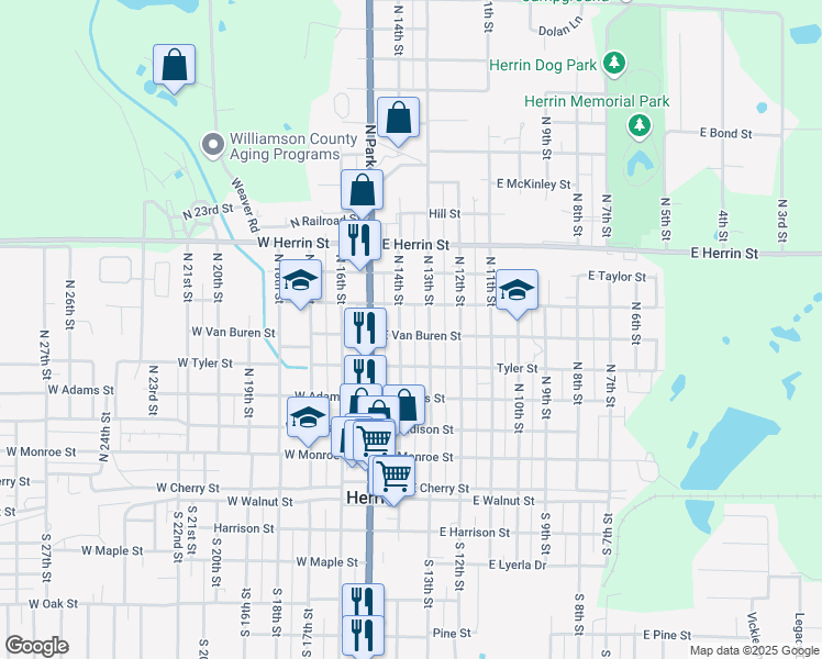 map of restaurants, bars, coffee shops, grocery stores, and more near 601-699 North 14th Street in Herrin