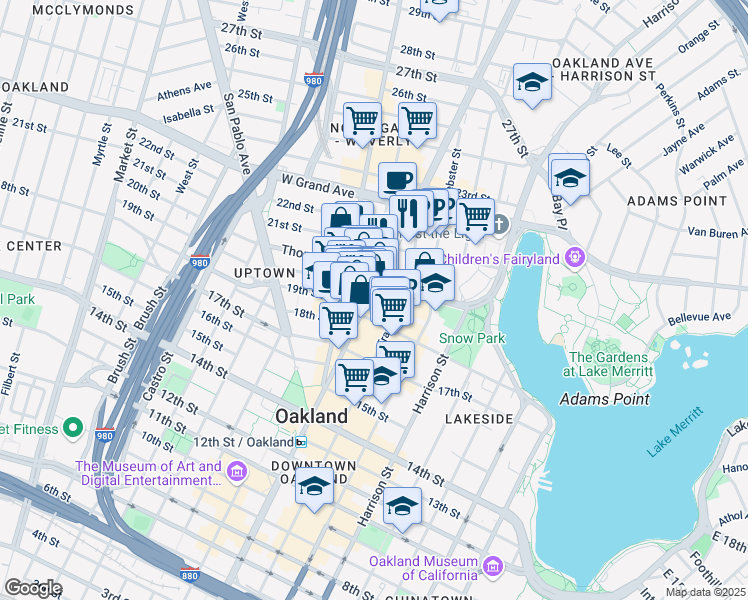 map of restaurants, bars, coffee shops, grocery stores, and more near 1970 Broadway in Oakland