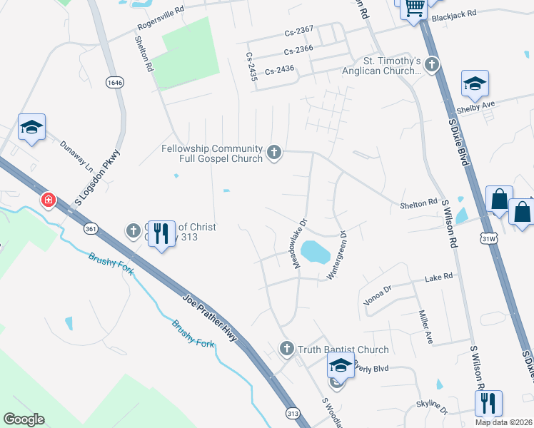 map of restaurants, bars, coffee shops, grocery stores, and more near 110 Primrose Lane in Radcliff