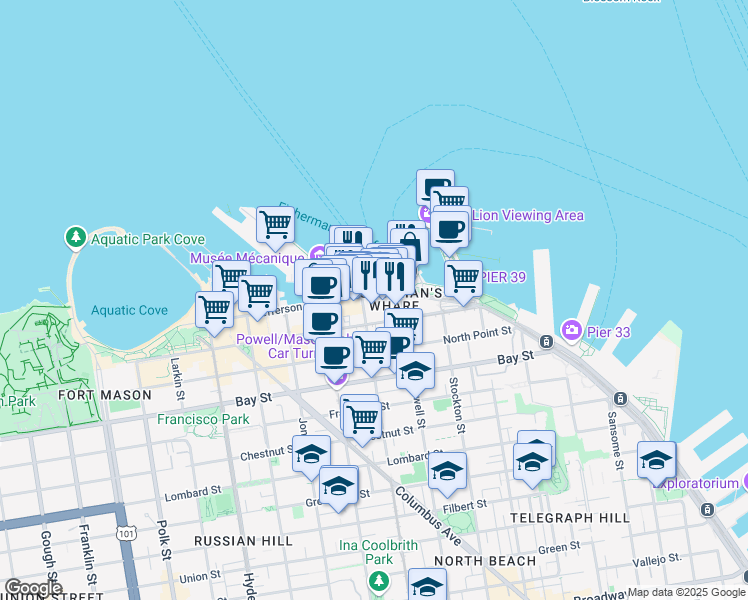 map of restaurants, bars, coffee shops, grocery stores, and more near 81 Jefferson Street in San Francisco