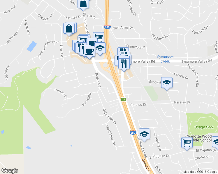 map of restaurants, bars, coffee shops, grocery stores, and more near 950 Podva Road in Danville