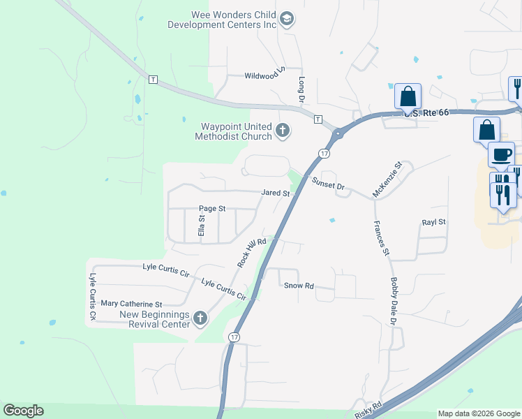 map of restaurants, bars, coffee shops, grocery stores, and more near 188 Jared Street in Waynesville