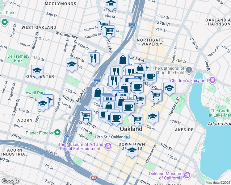 map of restaurants, bars, coffee shops, grocery stores, and more near 1888 Martin Luther King Junior Way in Oakland