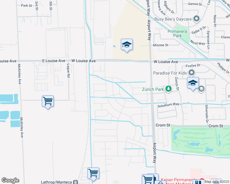 map of restaurants, bars, coffee shops, grocery stores, and more near 2490 West Louise Avenue in Manteca