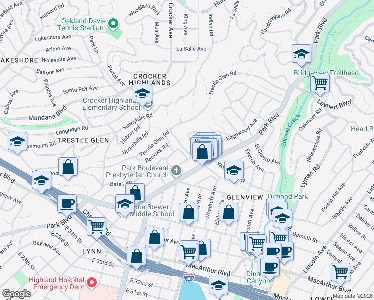 map of restaurants, bars, coffee shops, grocery stores, and more near 1050 Norwood Avenue in Oakland