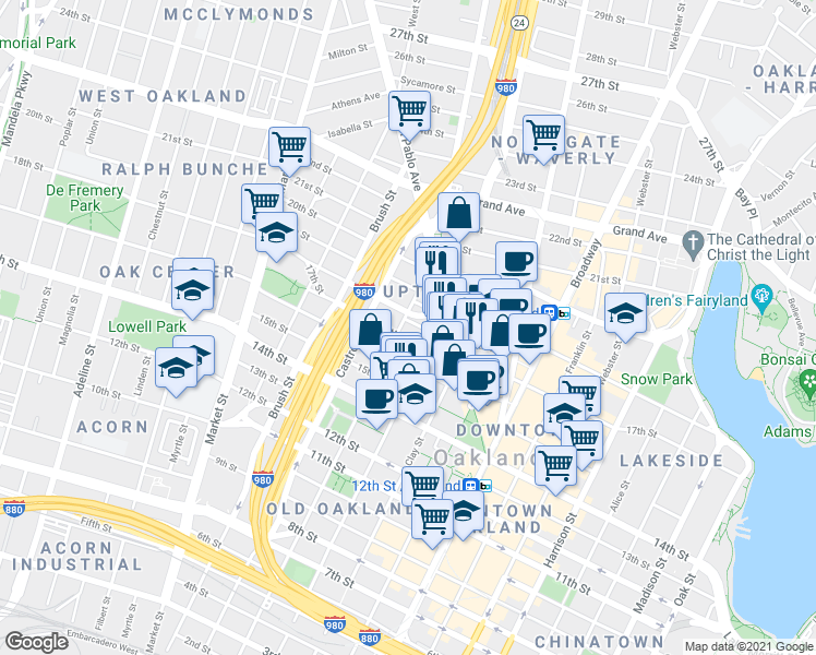 map of restaurants, bars, coffee shops, grocery stores, and more near 1888 Martin Luther King Junior Way in Oakland