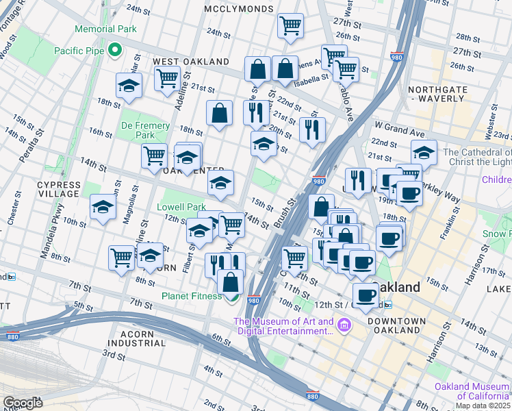 map of restaurants, bars, coffee shops, grocery stores, and more near 1520 Market Street in Oakland