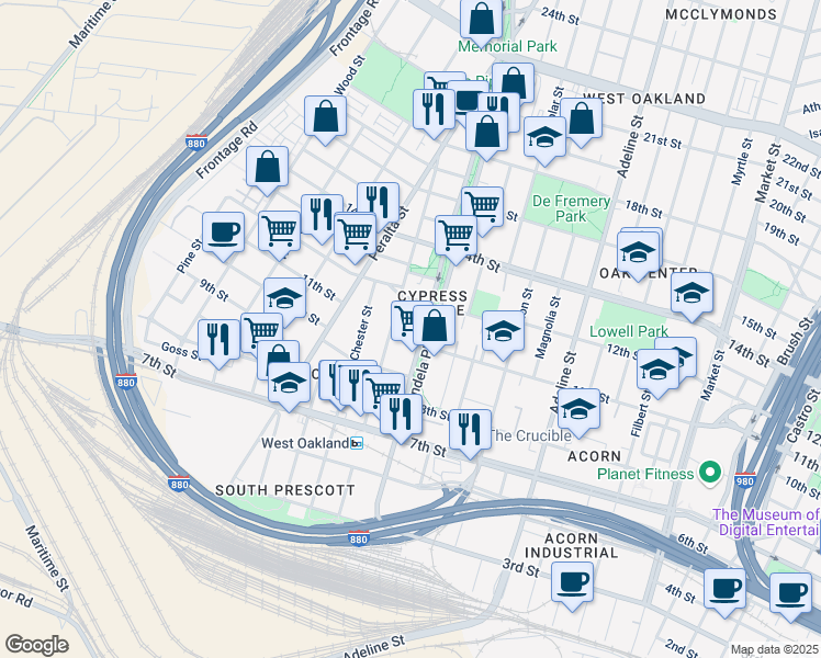 map of restaurants, bars, coffee shops, grocery stores, and more near 1120 Center Street in Oakland