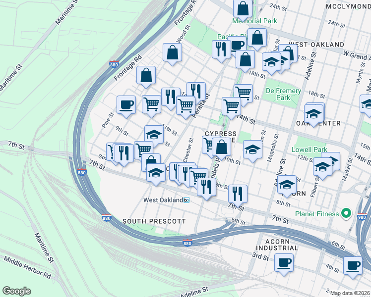 map of restaurants, bars, coffee shops, grocery stores, and more near 1033 Chester Street in Oakland