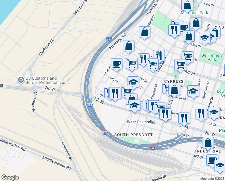 map of restaurants, bars, coffee shops, grocery stores, and more near 864 Wood Street in Oakland