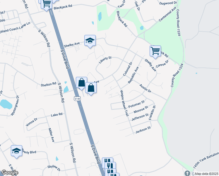 map of restaurants, bars, coffee shops, grocery stores, and more near 2736 Pioneer Court in Radcliff