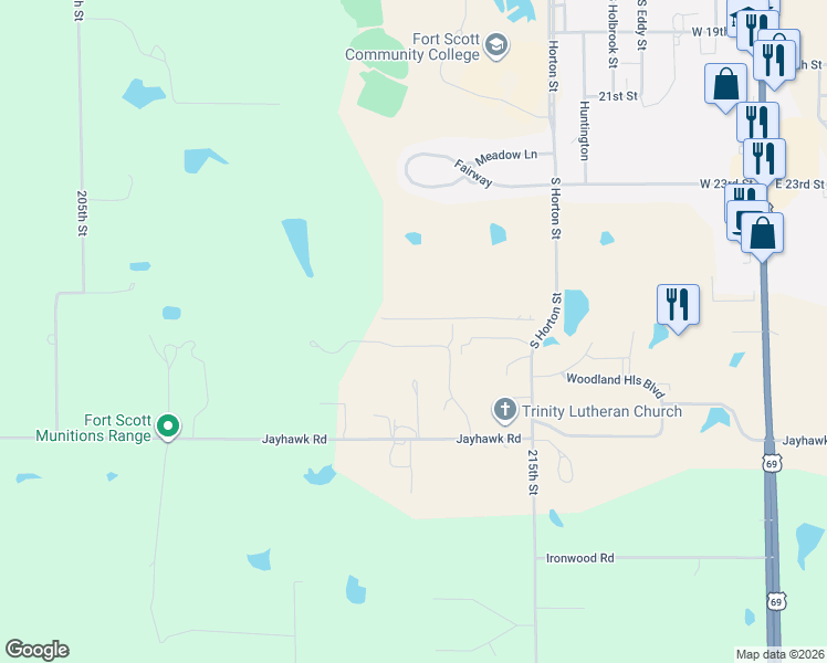 map of restaurants, bars, coffee shops, grocery stores, and more near 21 Golf View Drive in Fort Scott