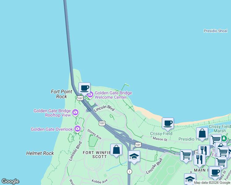 map of restaurants, bars, coffee shops, grocery stores, and more near Marine Drive in San Francisco