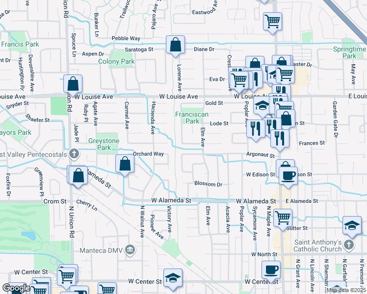 map of restaurants, bars, coffee shops, grocery stores, and more near 670 Santa Rosa Street in Manteca
