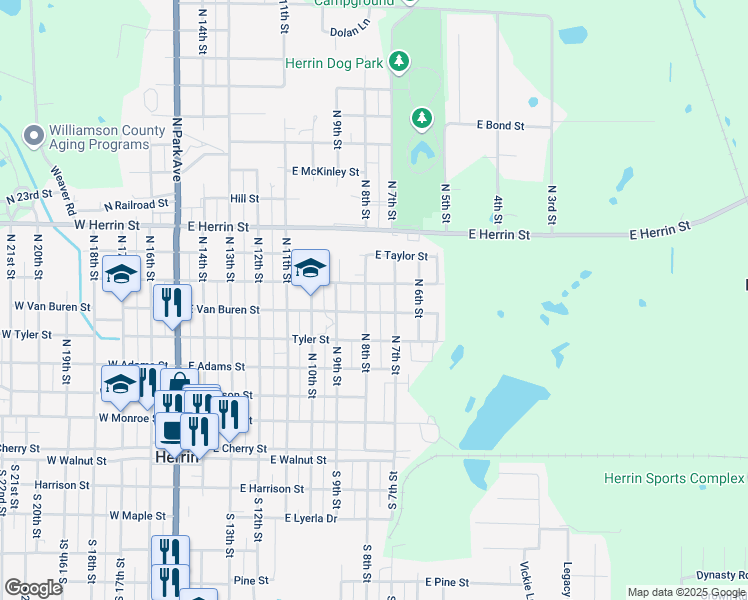 map of restaurants, bars, coffee shops, grocery stores, and more near 713 North 8th Street in Herrin