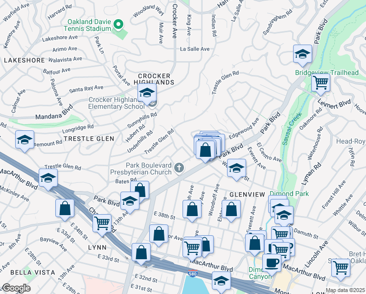 map of restaurants, bars, coffee shops, grocery stores, and more near Fleet Road in Oakland