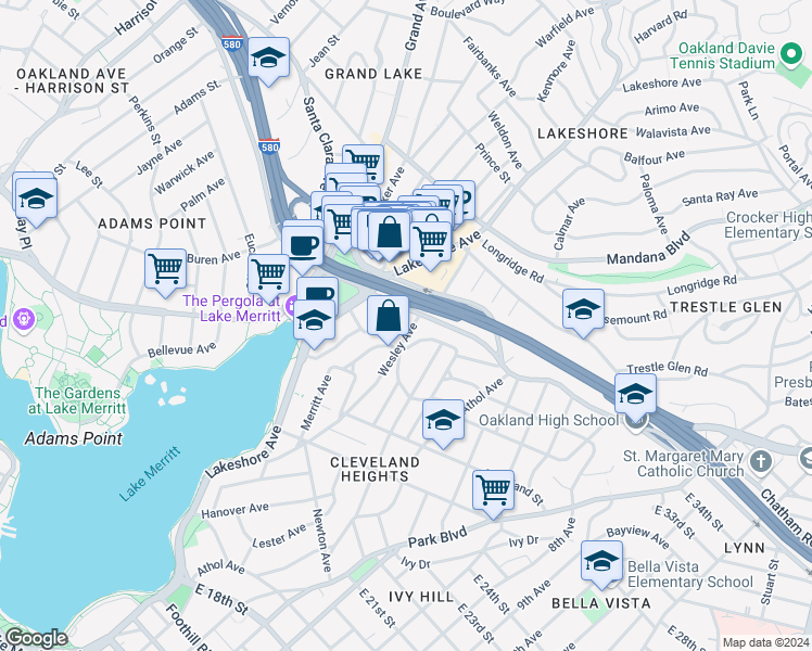 map of restaurants, bars, coffee shops, grocery stores, and more near 667 Wesley Avenue in Oakland