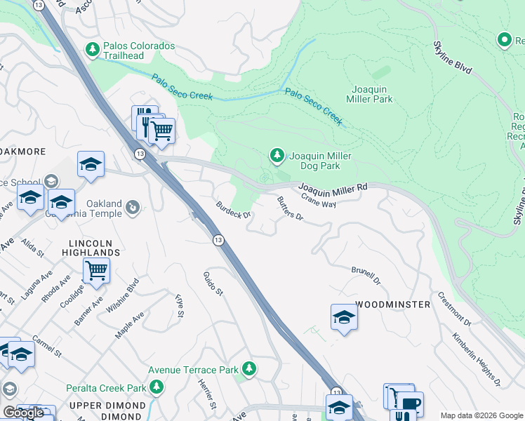 map of restaurants, bars, coffee shops, grocery stores, and more near 2795 Butters Drive in Oakland