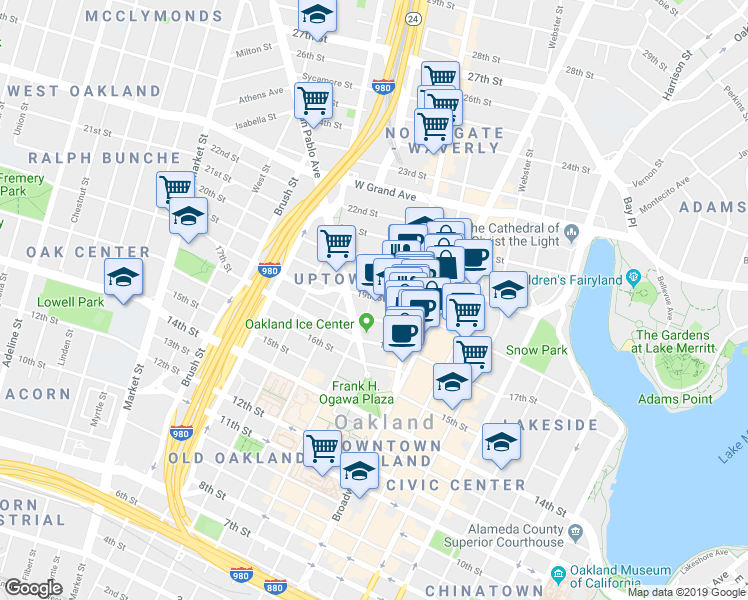map of restaurants, bars, coffee shops, grocery stores, and more near 555 19th Street in Oakland