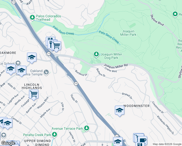 map of restaurants, bars, coffee shops, grocery stores, and more near 2775 Butters Drive in Oakland