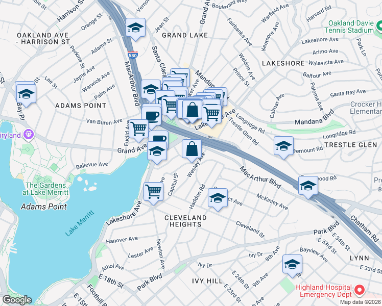 map of restaurants, bars, coffee shops, grocery stores, and more near in Oakland