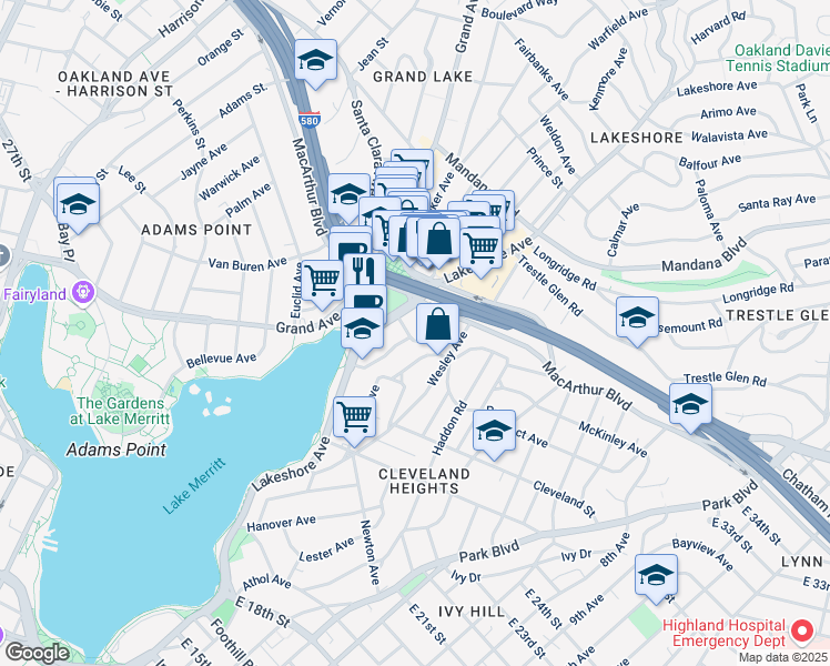 map of restaurants, bars, coffee shops, grocery stores, and more near in Oakland
