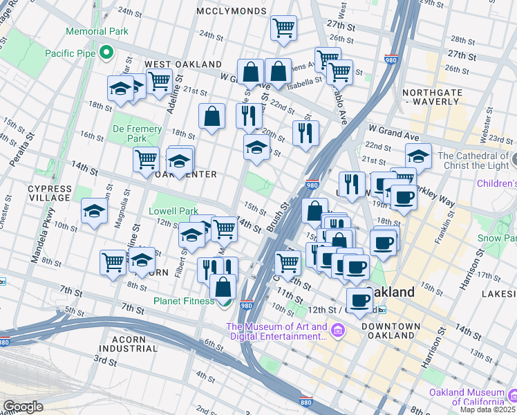 map of restaurants, bars, coffee shops, grocery stores, and more near 1520 Market Street in Oakland