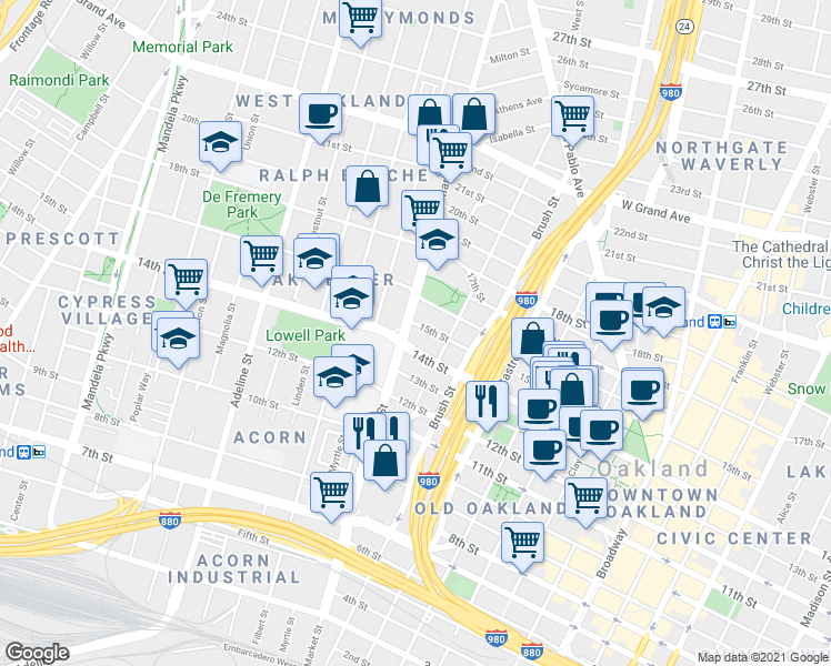 map of restaurants, bars, coffee shops, grocery stores, and more near 1520 Market Street in Oakland