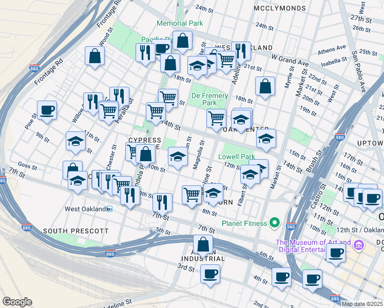 map of restaurants, bars, coffee shops, grocery stores, and more near 1267 14th Street in Oakland