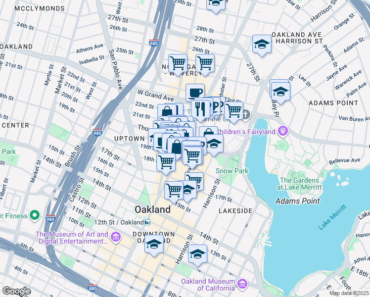 map of restaurants, bars, coffee shops, grocery stores, and more near 1970 Broadway in Oakland