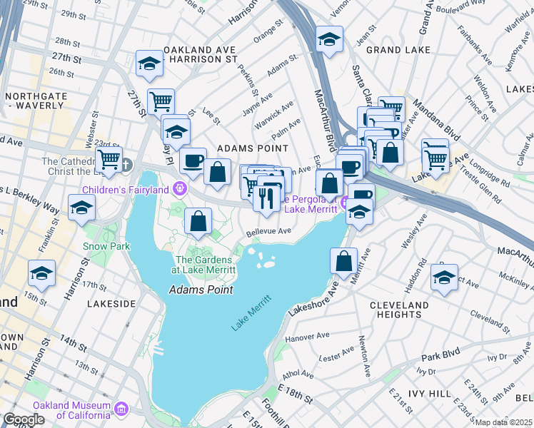 map of restaurants, bars, coffee shops, grocery stores, and more near 386 Grand Avenue in Oakland
