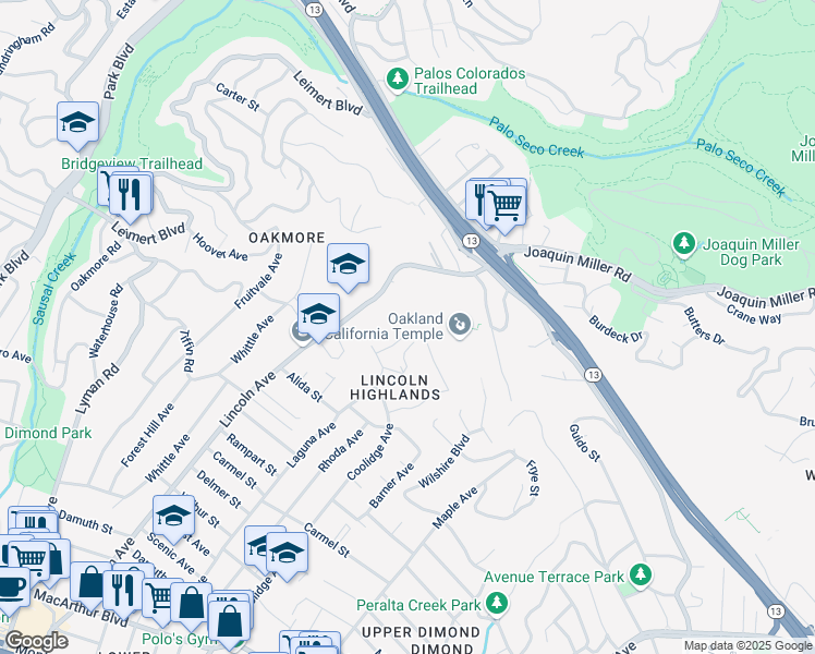 map of restaurants, bars, coffee shops, grocery stores, and more near 55 Camellia Place in Oakland