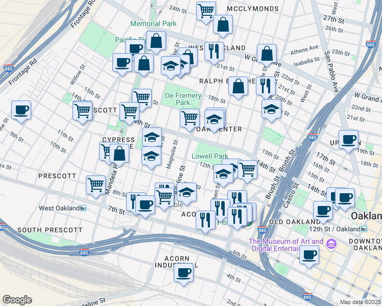 map of restaurants, bars, coffee shops, grocery stores, and more near 1218 Adeline Street in Oakland