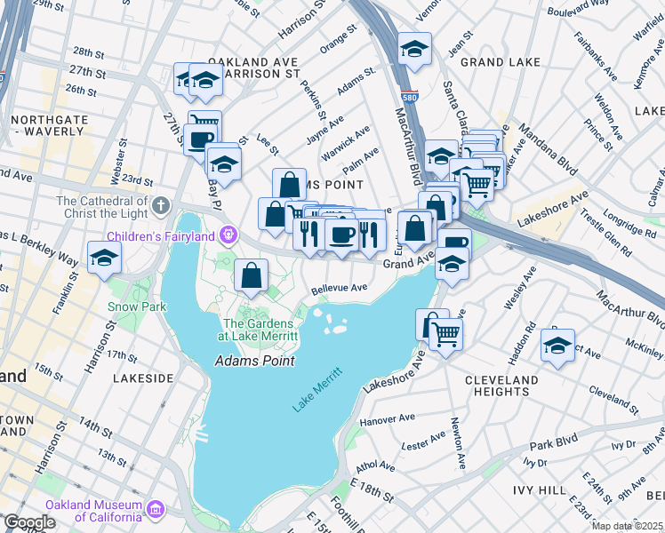 map of restaurants, bars, coffee shops, grocery stores, and more near 386 Grand Avenue in Oakland