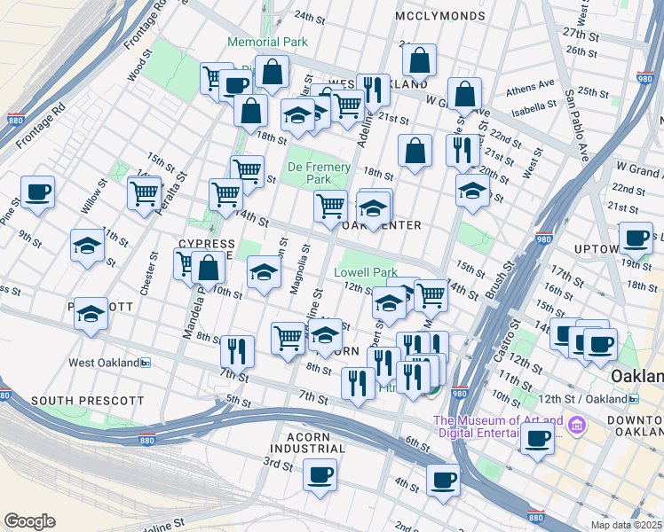 map of restaurants, bars, coffee shops, grocery stores, and more near 1218 Adeline Street in Oakland