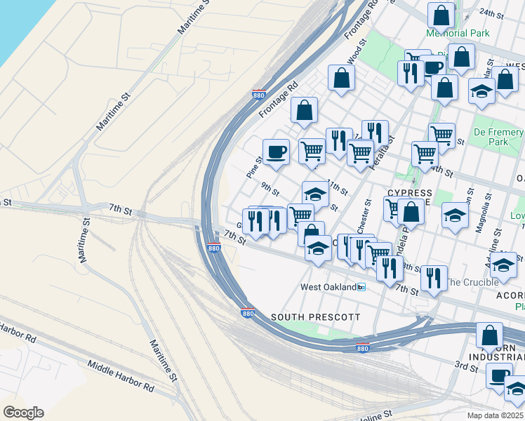map of restaurants, bars, coffee shops, grocery stores, and more near 864 Wood Street in Oakland