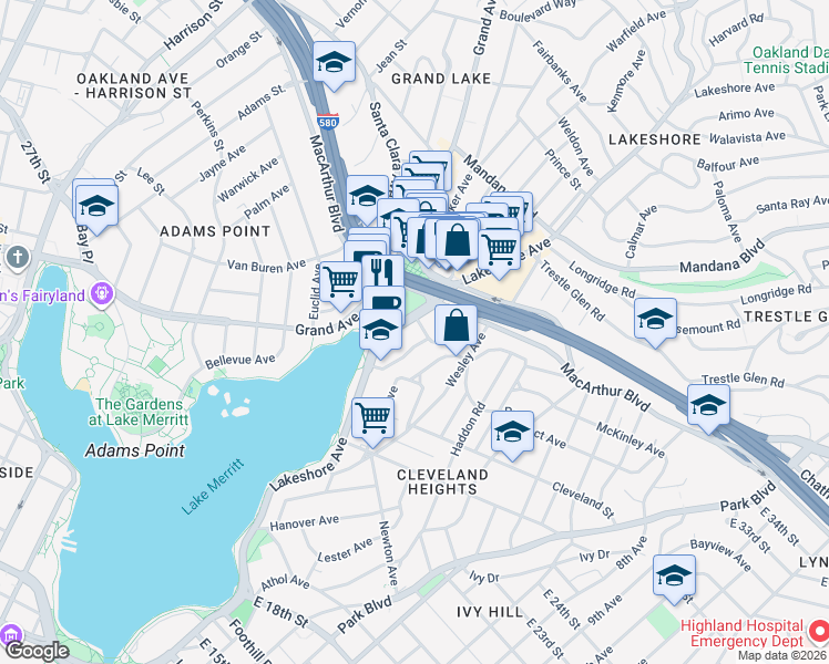 map of restaurants, bars, coffee shops, grocery stores, and more near 2956 Lakeshore Avenue in Oakland