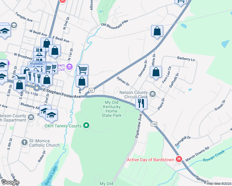 map of restaurants, bars, coffee shops, grocery stores, and more near Beechwold Place in Bardstown