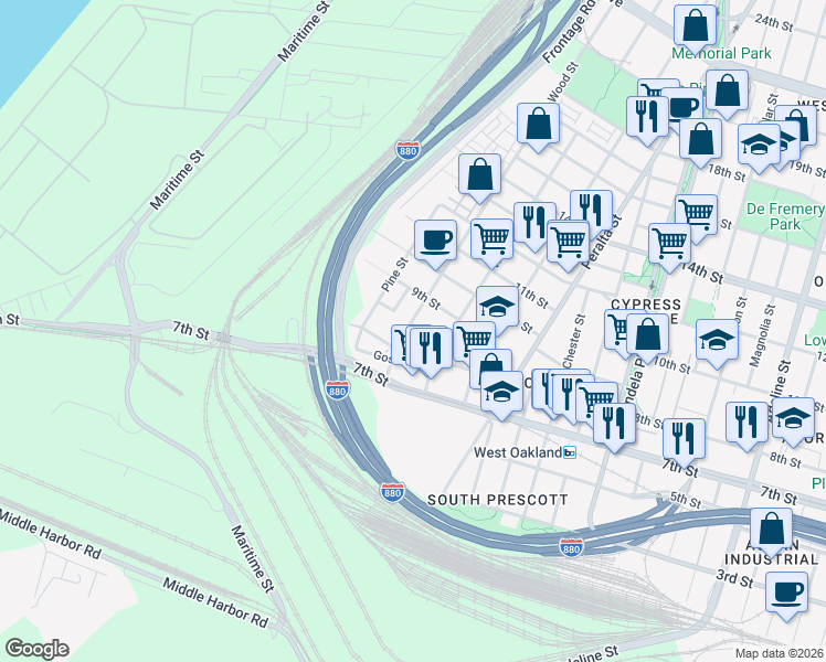 map of restaurants, bars, coffee shops, grocery stores, and more near 864 Wood Street in Oakland