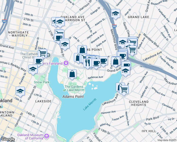 map of restaurants, bars, coffee shops, grocery stores, and more near in Oakland