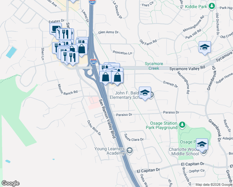 map of restaurants, bars, coffee shops, grocery stores, and more near 802 Camino Ramon in Danville