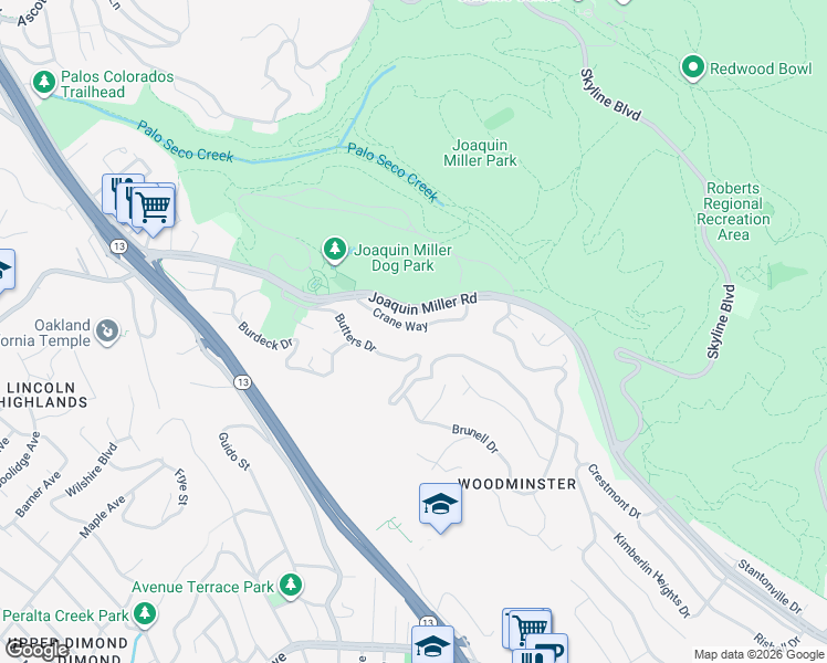 map of restaurants, bars, coffee shops, grocery stores, and more near 3356 Crane Way in Oakland