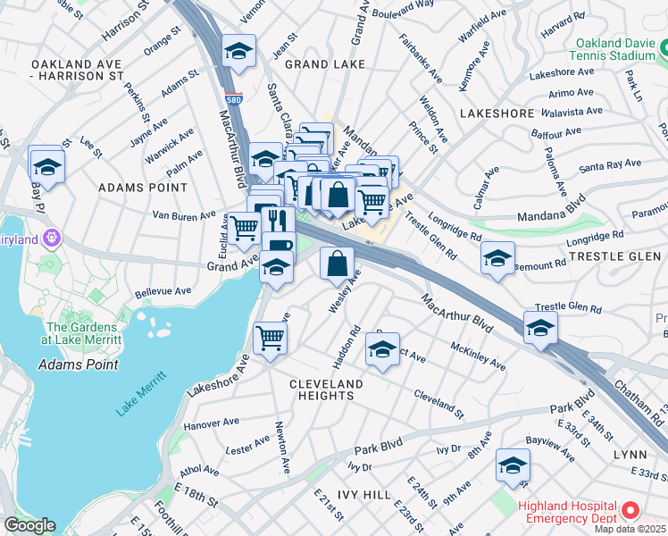 map of restaurants, bars, coffee shops, grocery stores, and more near in Oakland