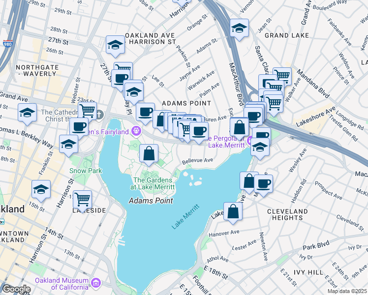 map of restaurants, bars, coffee shops, grocery stores, and more near in Oakland