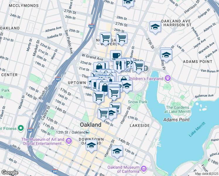 map of restaurants, bars, coffee shops, grocery stores, and more near 1970 Broadway in Oakland