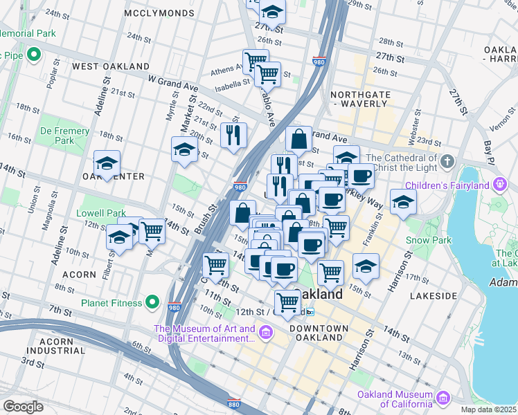 map of restaurants, bars, coffee shops, grocery stores, and more near in Oakland