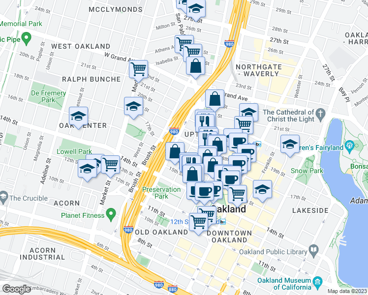 map of restaurants, bars, coffee shops, grocery stores, and more near in Oakland
