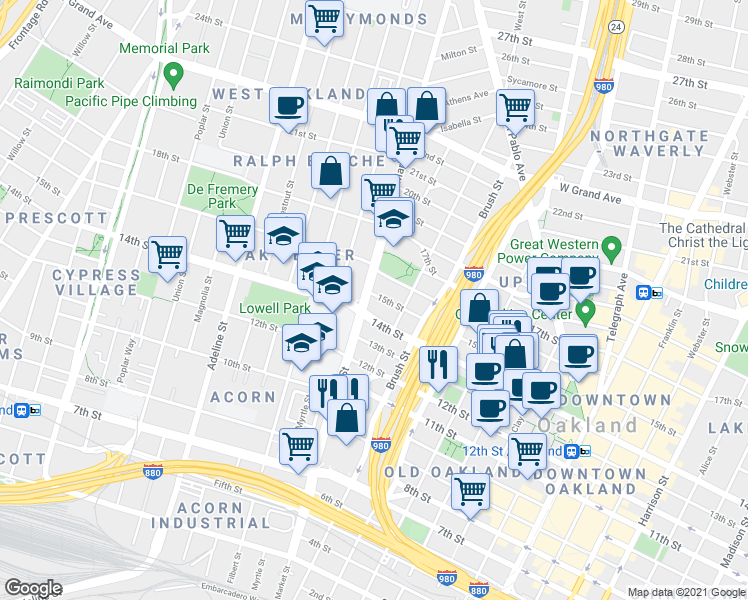 map of restaurants, bars, coffee shops, grocery stores, and more near 1520 Market Street in Oakland