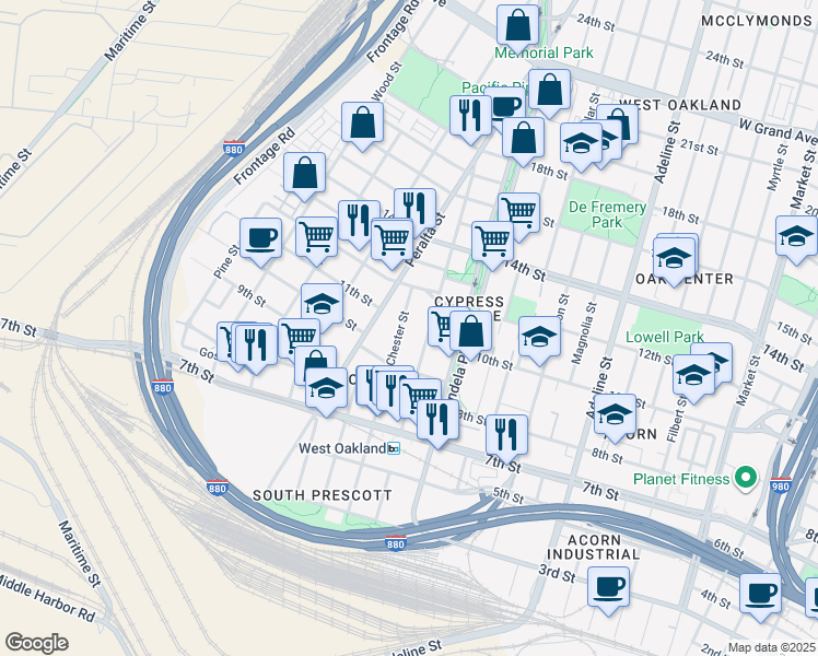 map of restaurants, bars, coffee shops, grocery stores, and more near 1033 Chester Street in Oakland