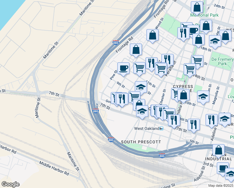 map of restaurants, bars, coffee shops, grocery stores, and more near 864 Wood Street in Oakland